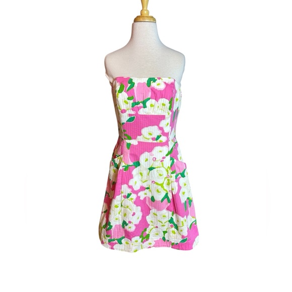 Lilly Pulitzer Strapless Floral 100% Cotton Colorful Mini Dress With Pockets - Picture 2 of 10